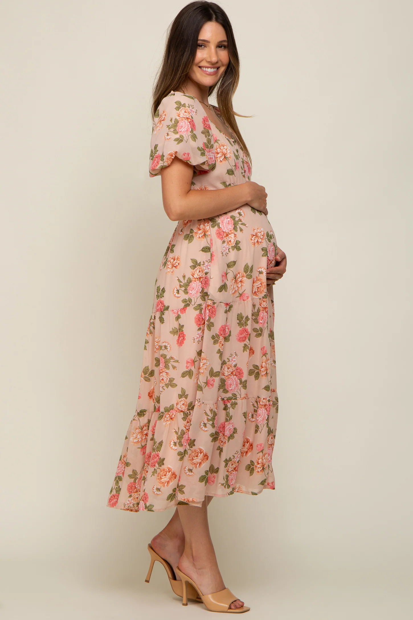 Pink Floral Button Puff Sleeve Maternity Midi Dress | PinkBlush Maternity
