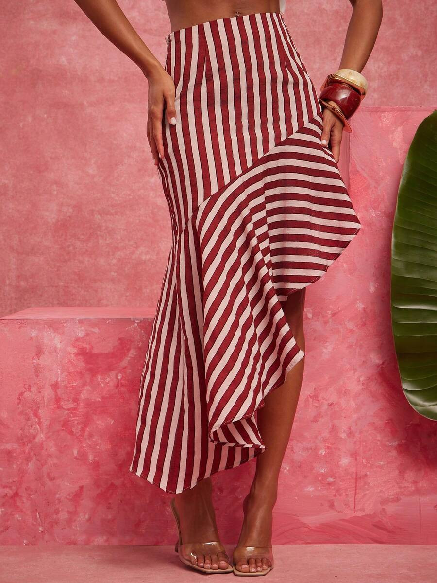NYA SZN Falda Maxi Mini Asimétrica a Rayas con Volantes Elegante Fiesta de Cumpleaños Oficina Sirena Ropa de Trabajo Vacaciones Casual Diario Lindo Chic Rojo Blanco Verano Otoño Invierno | SHEIN