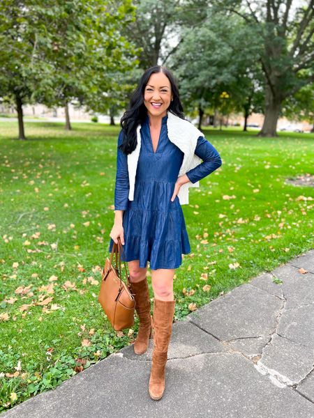 The perfect fall date night outfit - Selling out!! I love the darker shade of this chambray dress, however it also comes in a lighter chambray for another option. Long sleeves are great for fall and the style is such a classic. Paired it with my go-to ivory cable knit crewneck sweater (on sale!) and tall brown suede boots! 

Dress fits TTS, I’m wearing an XS. Crewneck sweater runs a little big, I wear an XS in it (normally a S in sweaters). 

Mom style, classic, preppy, fall outfit, date night look, fall ootd, autumn #fallfashion #preppy #classic #momstyle #fallootd 

#LTKsalealert #LTKSeasonal #LTKfindsunder100