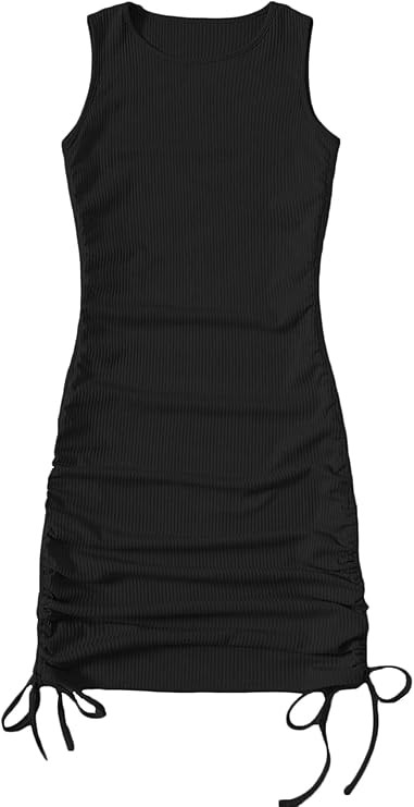 SheIn Women's Ruched Sleeveless Mini Bodycon Dress Drawstring Tie Side Round Neck Short Dresses S... | Amazon (US)
