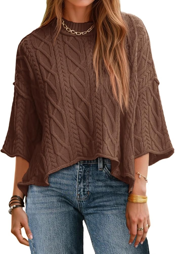 Saodimallsu Womens Cable Knit Cropped Sweaters Oversized 3/4 Sleeve Crew Neck Fall Casual Pullove... | Amazon (US)