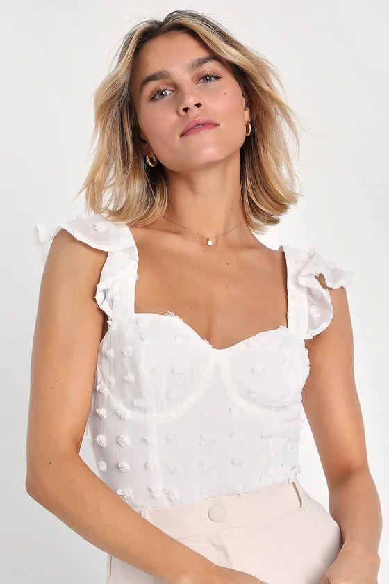 Iconic Cutie Ivory Swiss Dot Ruffled Sleeveless Bodysuit | Lulus