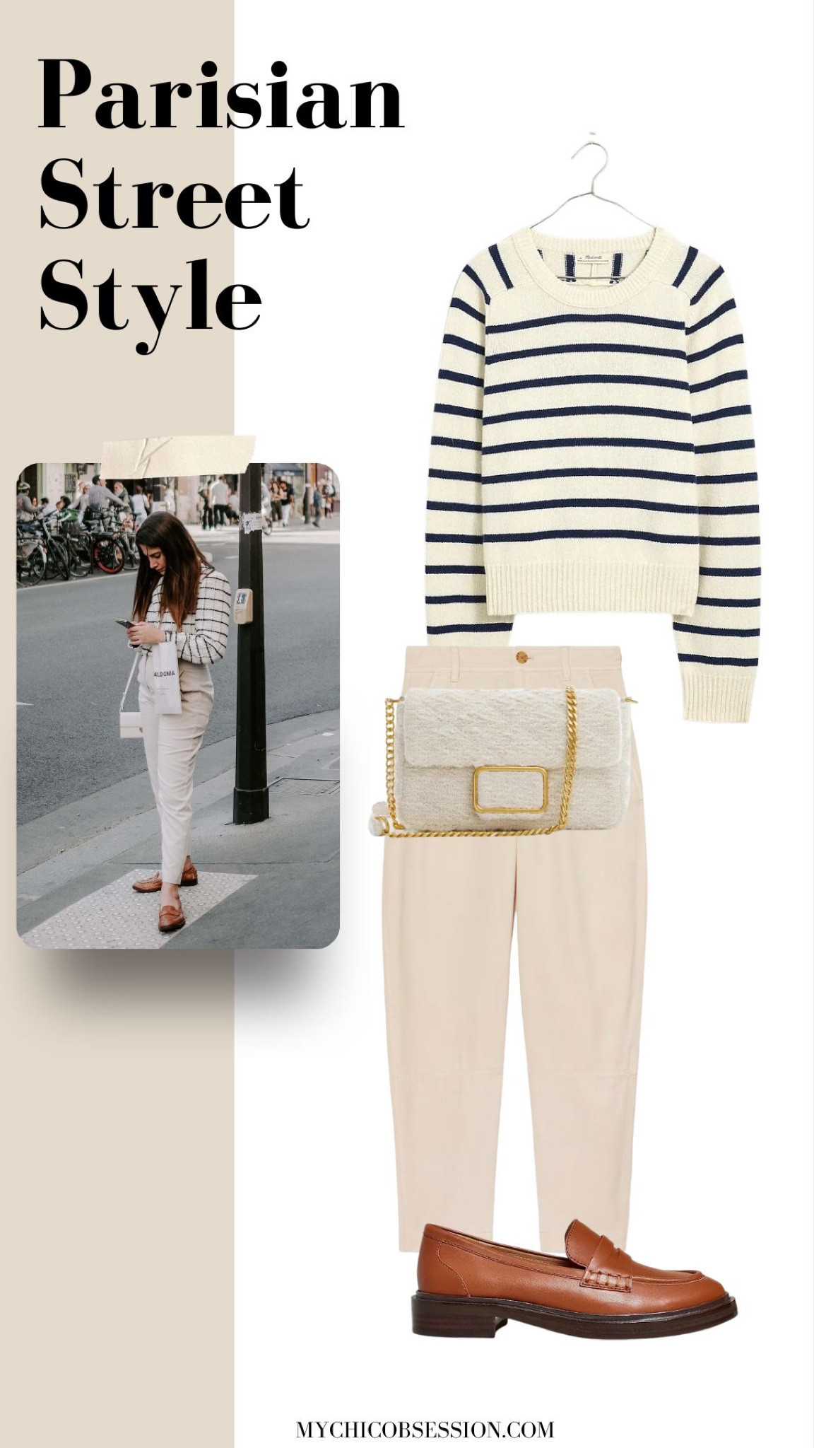 Stripes are a classic pattern in Parisian street style. For this look, layer a striped sweater with tapered cream or khaki trousers, a structured bag with a gold chain details, and brown leather loafers. 

#LTKSeasonal #LTKstyletip