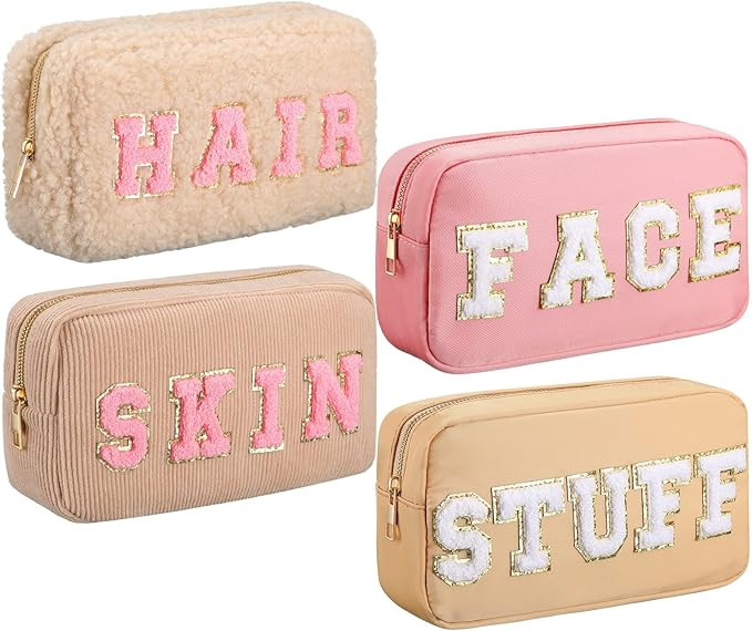 Kajaia 4 Pcs Nylon Preppy Makeup Pouch Letter Cosmetic Toiletry Bag Chenille Cute Makeup Bags for... | Amazon (US)