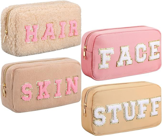 Kajaia 4 Pcs Nylon Preppy Makeup Pouch Letter Cosmetic Toiletry Bag Chenille Cute Makeup Bags for... | Amazon (US)