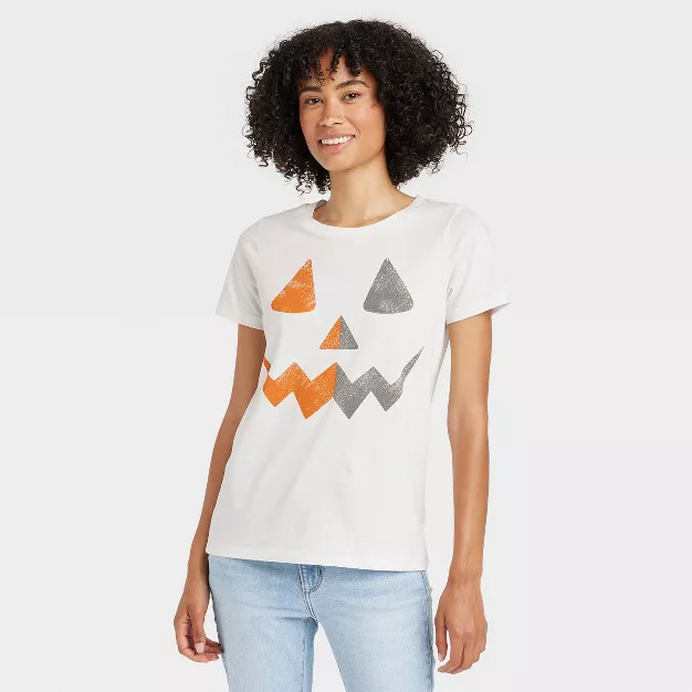 Women's Pumpkin Face Short Sleeve Graphic T-Shirt - White S | Target