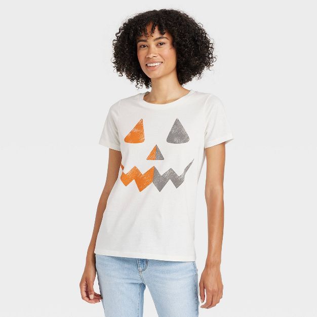 Women's Pumpkin Face Short Sleeve Graphic T-Shirt - White | Target