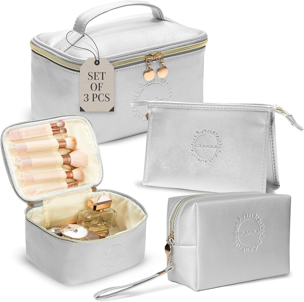 3 Piece Makeup Bag Set - Cosmetic Bags For Women - Cute Makeup Bag Set - Waterproof Travel Cosmet... | Amazon (US)