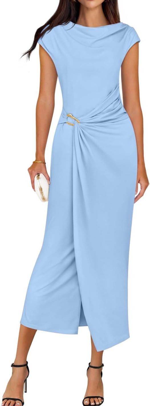 ZESICA Women's 2025 Summer Mock Neck Casual Bodycon Dress Cap Sleeve Elegant Cocktail Party Long ... | Amazon (US)
