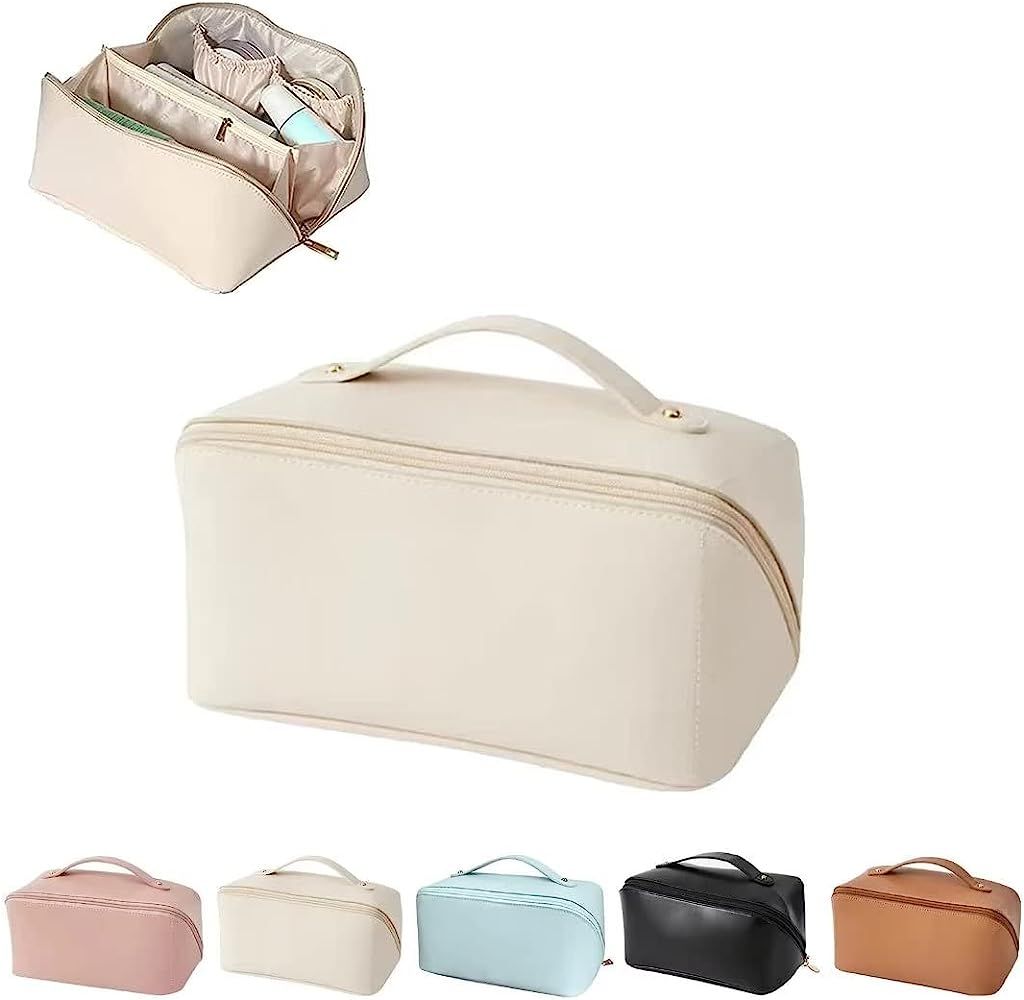 Large-Capacity Travel Leather Makeup Bag Cosmetic Bag Waterproof Portable Makeup Case Organizer T... | Amazon (US)