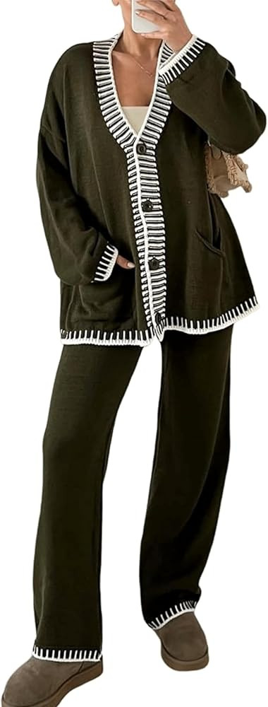 Women's 2 Pieces Outfits Long Sleeve V Neck Sweater Cardigans and Pants Sweatsuits Matching Loung... | Amazon (US)