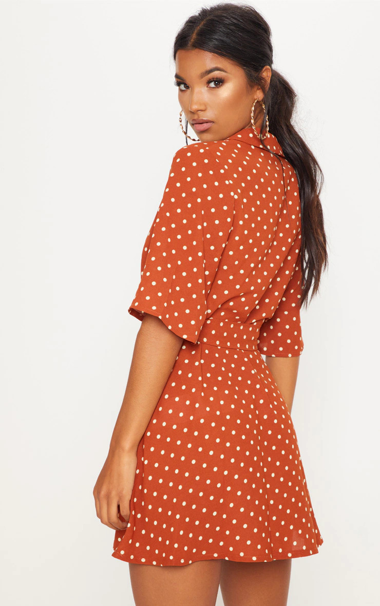 Terracotta Polka Dot Tea Dress | PrettyLittleThing UK