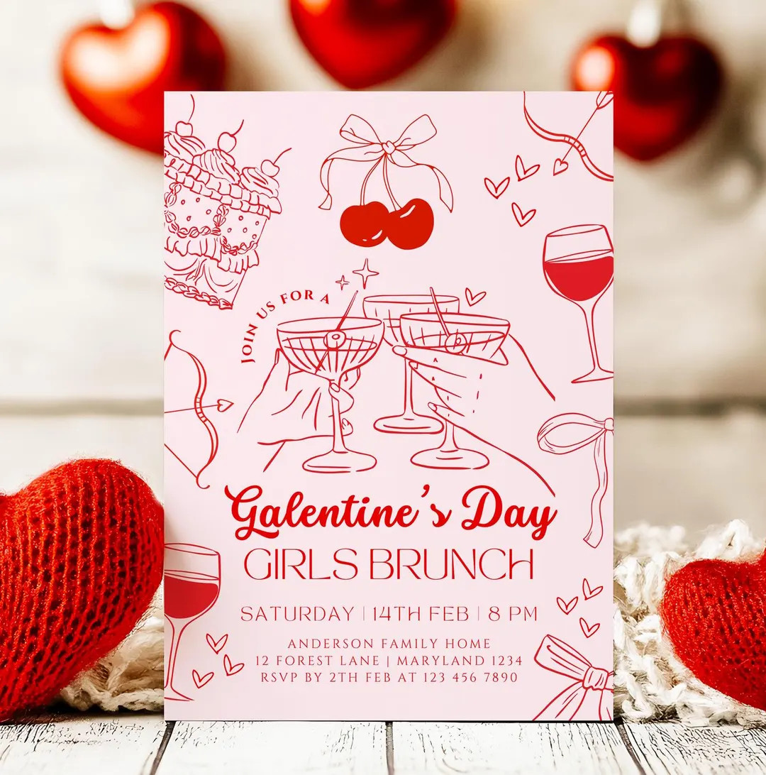 Galentine s Day Invitation Template Pink and Red Girls Brunch Invite Galentines Hand Drawn Party ... | Etsy (US)