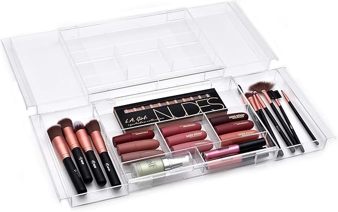 Expandable Drawer Organizer - Customizable Makeup Vanity Organizing Storage Tray for Bathroom, Be... | Amazon (US)