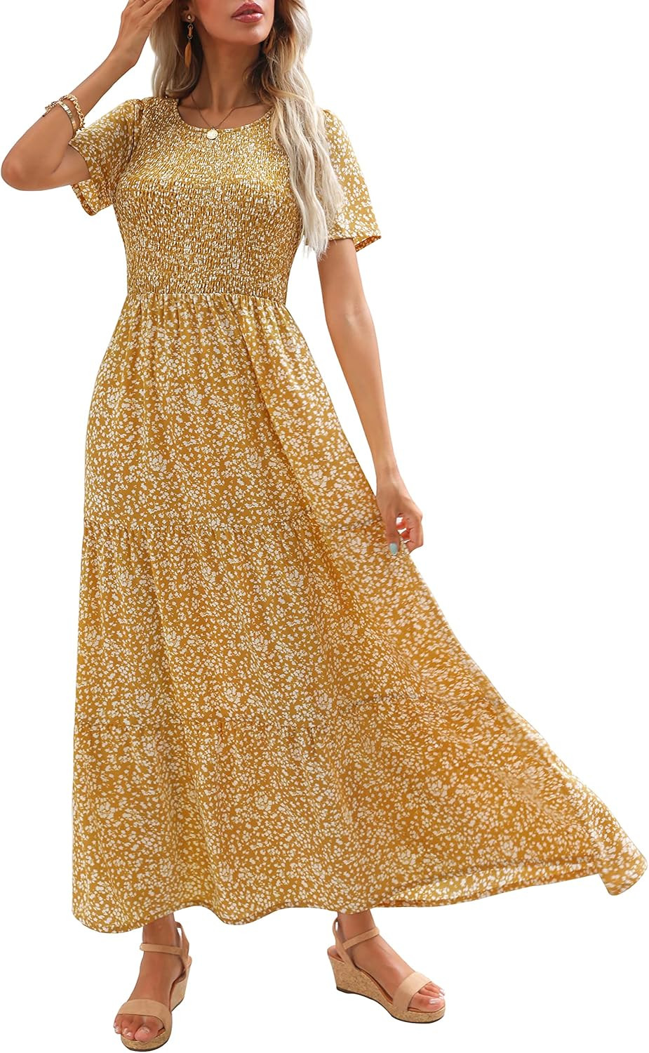 Maggeer Women's 2023 Summer Casual Short Sleeve Maxi Dress Smocked Floral Bohemian Tiered Flowy L... | Amazon (US)