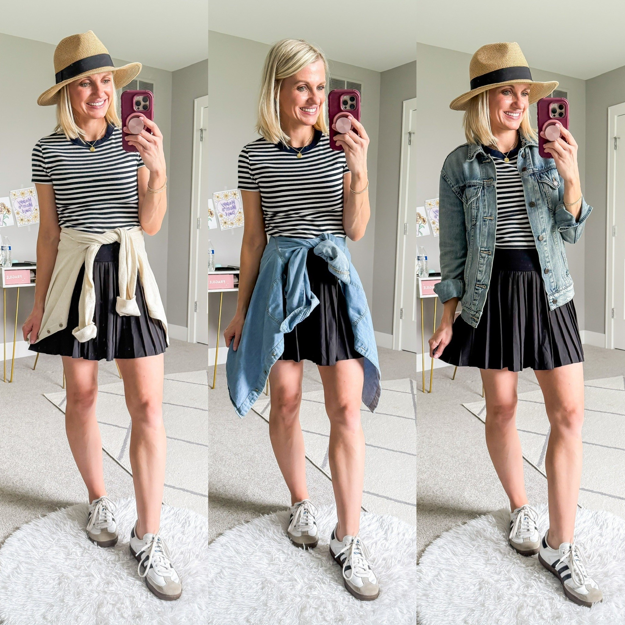 Summer capsule wardrobe outfits with a pleated skort and striped T-shirt  

#LTKOver40 #LTKSeasonal #LTKStyleTip