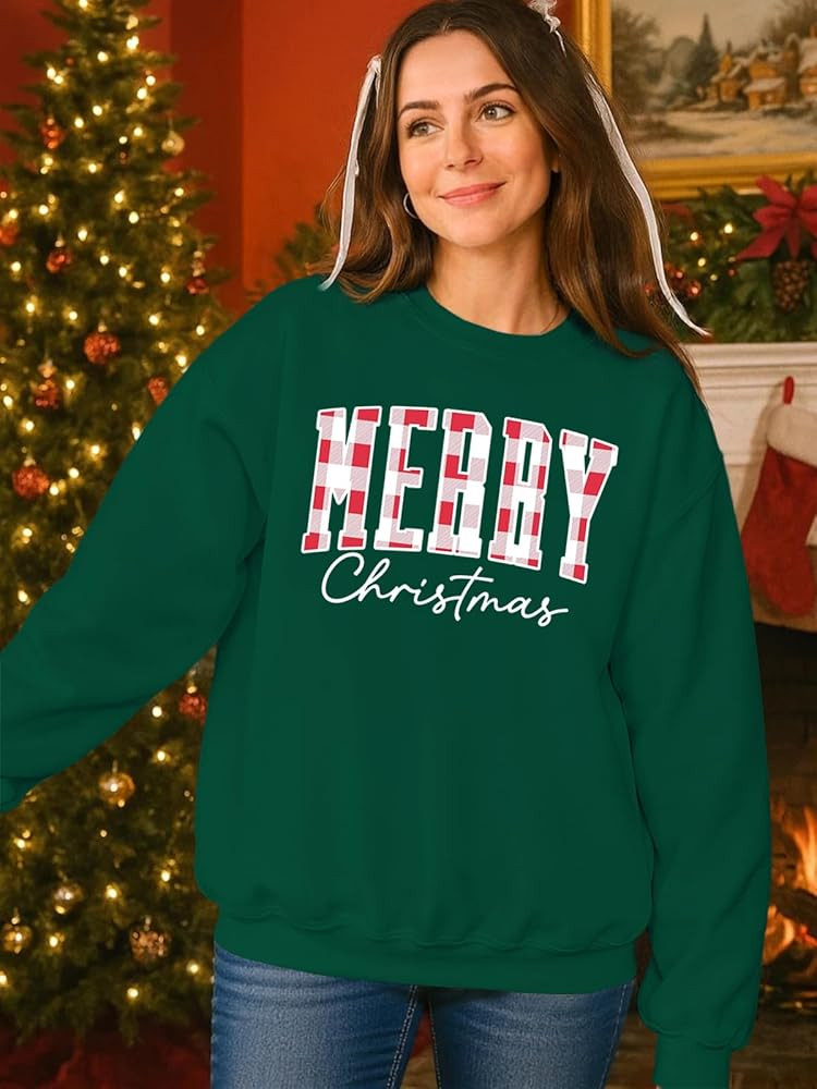Merry Sweatshirts for Women Oversized Crewneck Christmas Pullover Long Sleeve Xmas Holiday Outfit... | Amazon (US)
