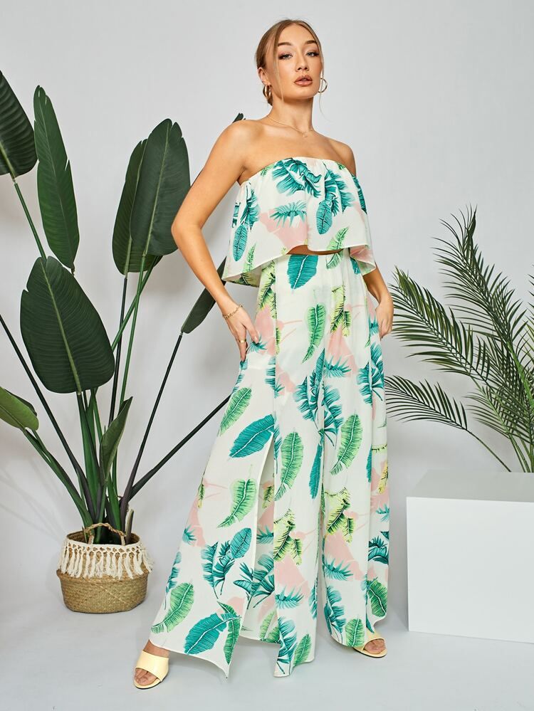 SHEIN Tropical Print Tube Top & Slit Thigh Pants Set | SHEIN