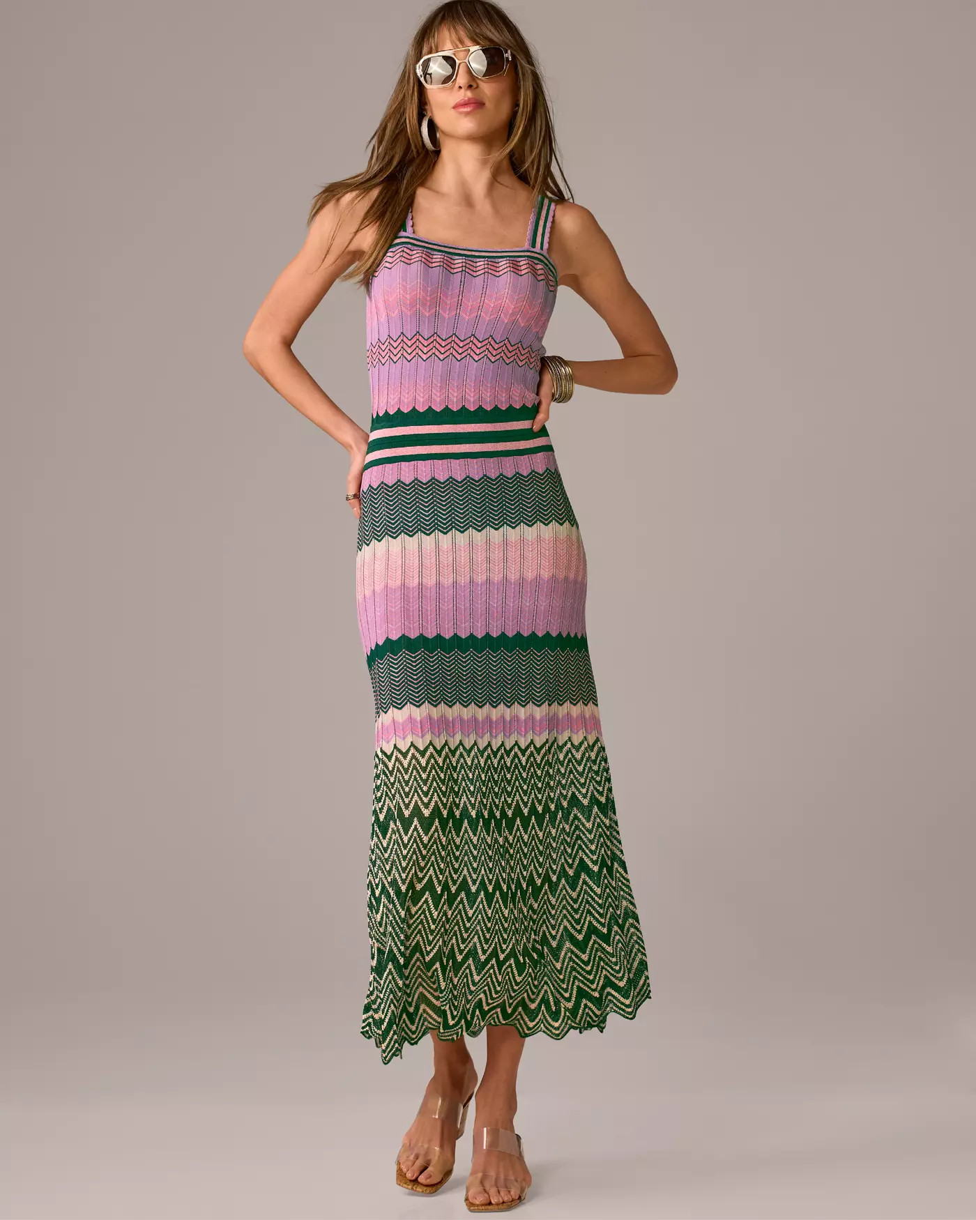 Contrast Chevron Knit Midi Dress - Green Multi | Boston Proper | Boston Proper