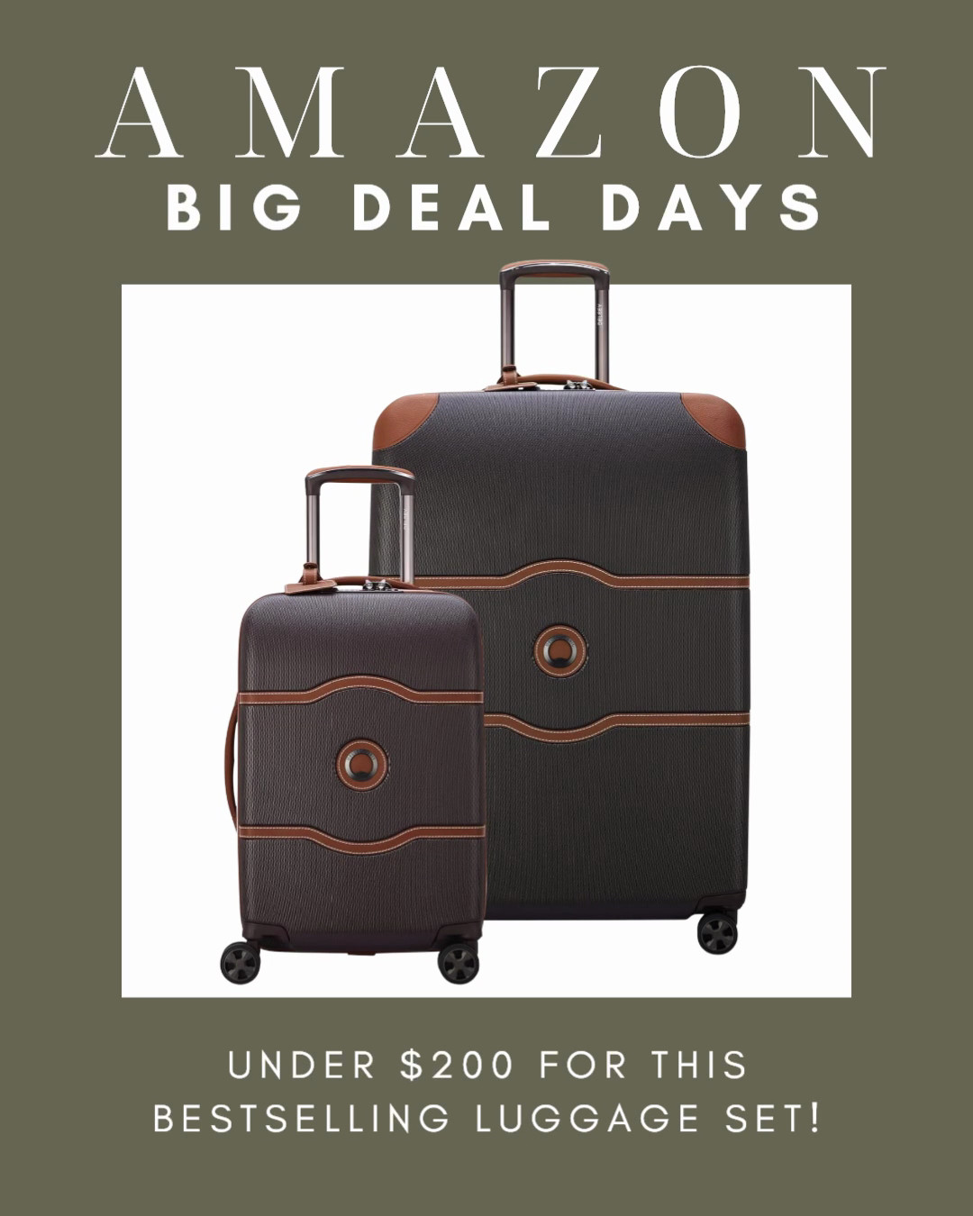 Under $200 for this bestselling luggage set for Amazon Big Deal Days! The chocolate brown with leather look trim is so chic, and you get a carry on and a checked bag with spinner wheels. Perfect timing for holiday travel. 

 #amazonbigdealdays #bigdealdays #primebigdealdays #amazondeals #luggage #luggageset #delsey #carryon #suitcase #travelessentials #holidaytravel #travelstyle #giftideas #amazonfinds #salealert #founditonamazon #LTKSaleAlert