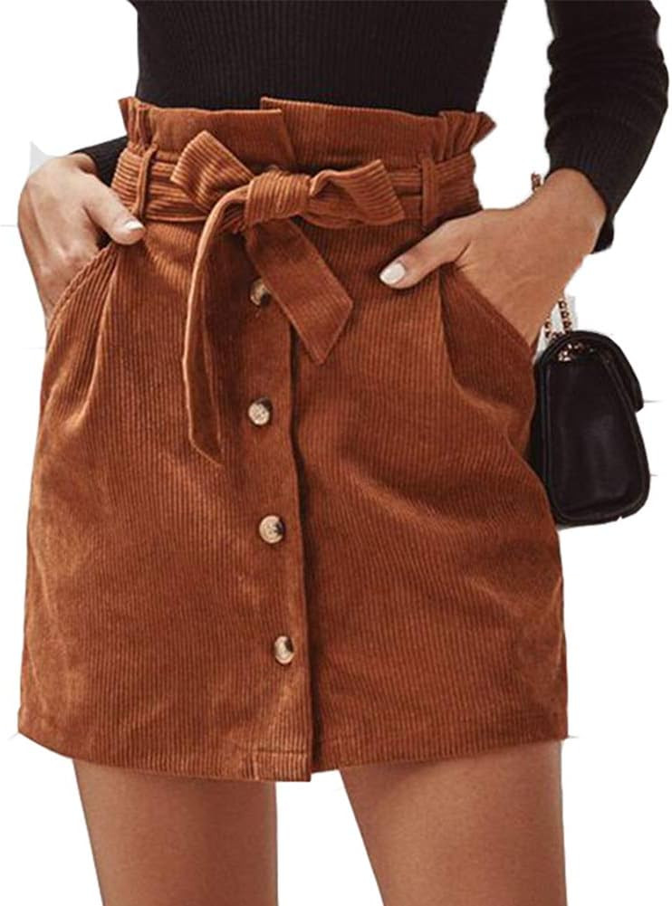 Susupeng Women Paperbag High Waist Elastic Belted Corduroy Button Front with Pockets Short Mini Skirt | Amazon (US)