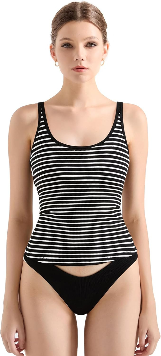 SUUKSESS Women Padded Ribbed Long Tank Tops Summer Going Out Basic Scoop Neck Cami Tops | Amazon (US)