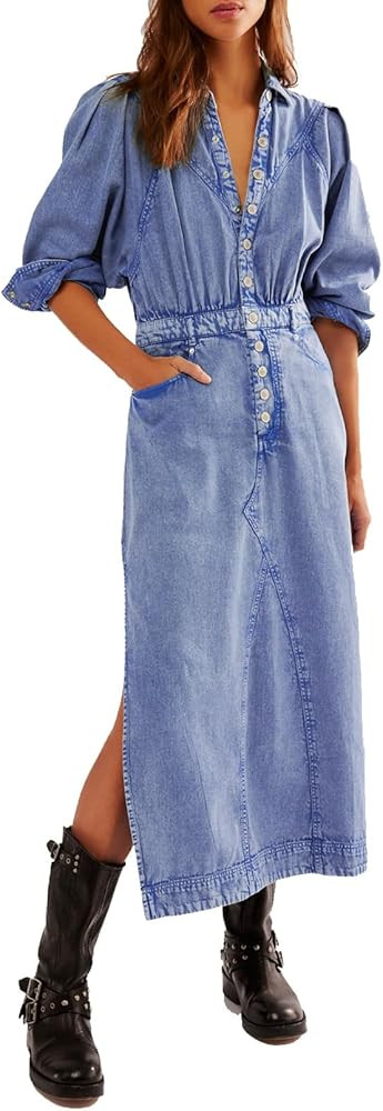 Womens Denim Long Shirt Dress Casual Button Down Jean Dress Collar A-Line Flowy Midi Dress with P... | Amazon (US)