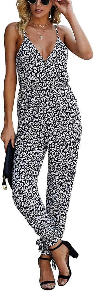 KIRUNDO 2021 Summer Women’s Spaghetti Straps Jumpsuit Sleeveless Leopard Drawstring Belt Long R... | Amazon (US)