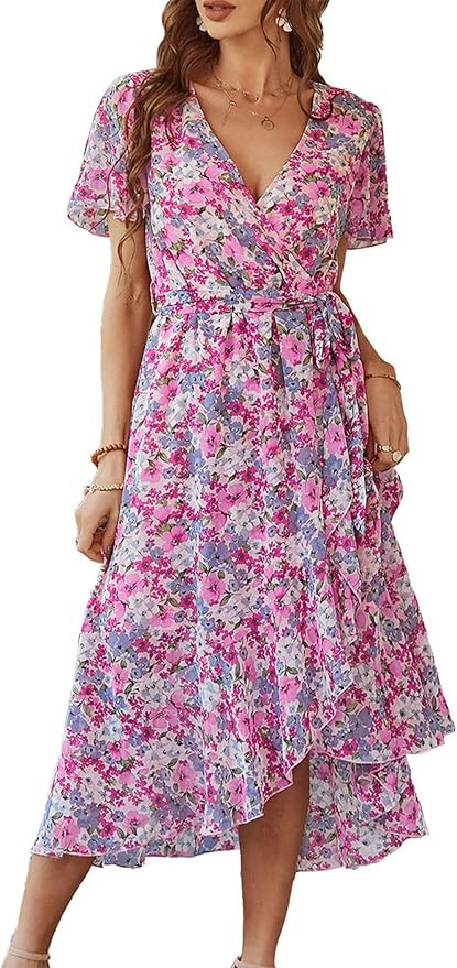 PRETTYGARDEN Women's 2023 Floral Summer Dress Wrap V Neck Short Sleeve Belted Ruffle Hem A-Line B... | Amazon (US)