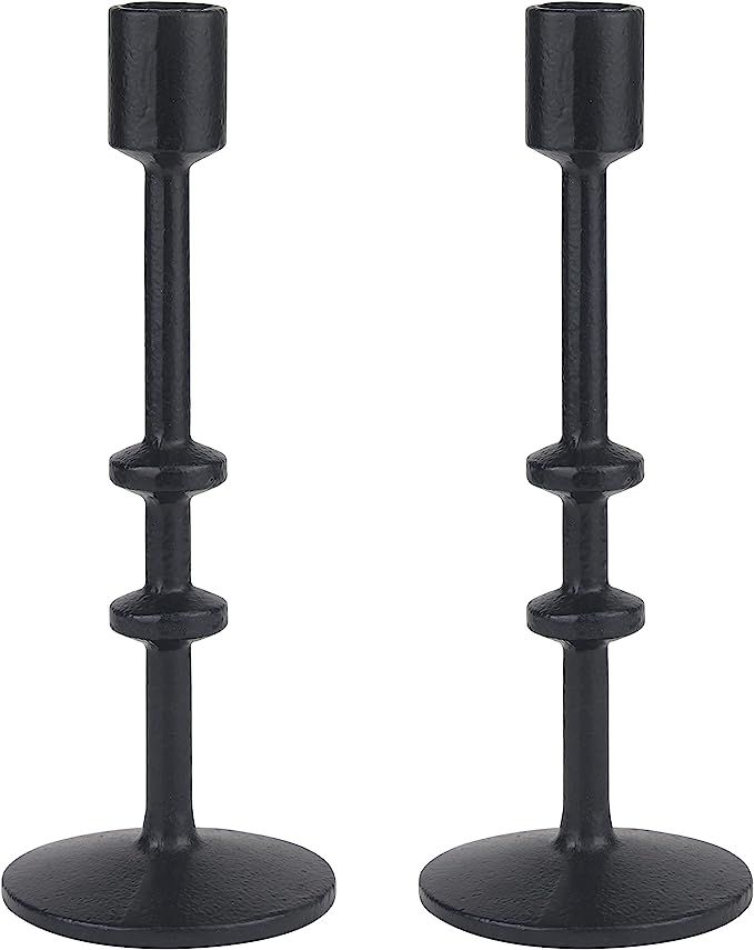 Stonebriar 9" Black Cast Iron Metal 2pc Taper Candle Holder Set, Large | Amazon (US)