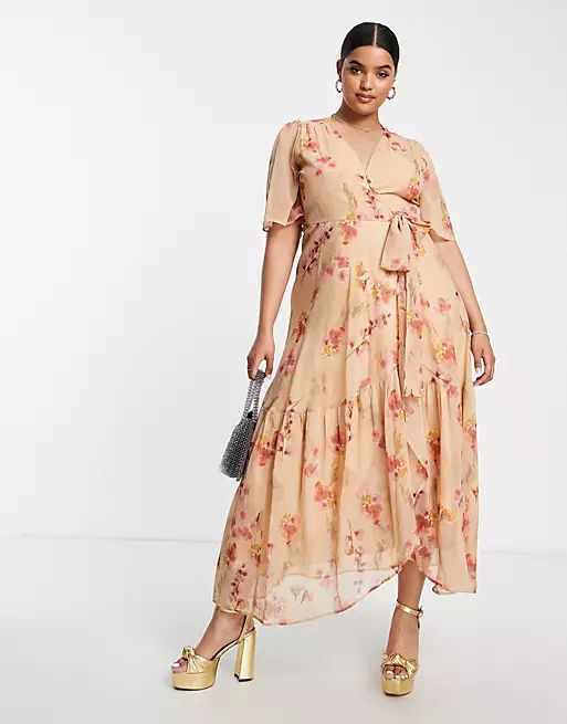 Hope & Ivy Plus wrap tie maxi dress in fuchsia taupe floral | ASOS (Global)