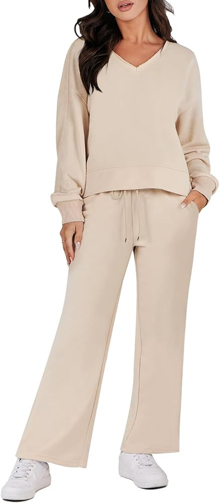 LOGENE 2 Piece Outfits Lounge Jogger Set 2023 Fall Fashion Matching Sets Crop Top and Wide Leg Pa... | Amazon (US)