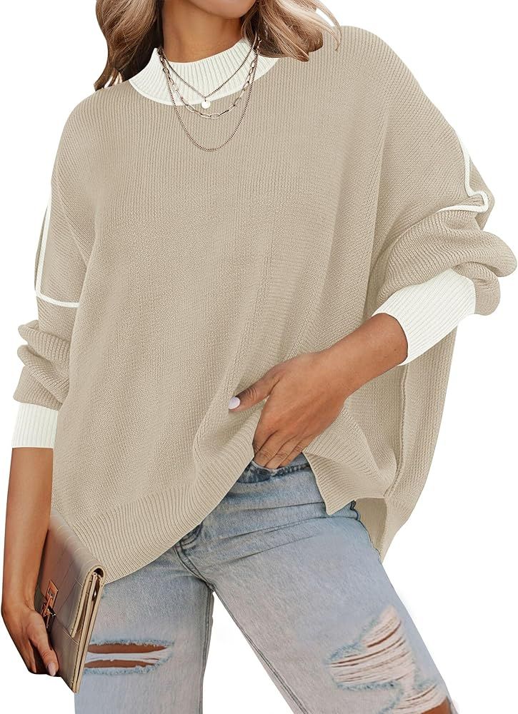 ZESICA Women's 2023 Fall Casual Long Sleeve Crew Neck Side Slit Oversized Ribbed Knit Pullover Sweat | Amazon (US)
