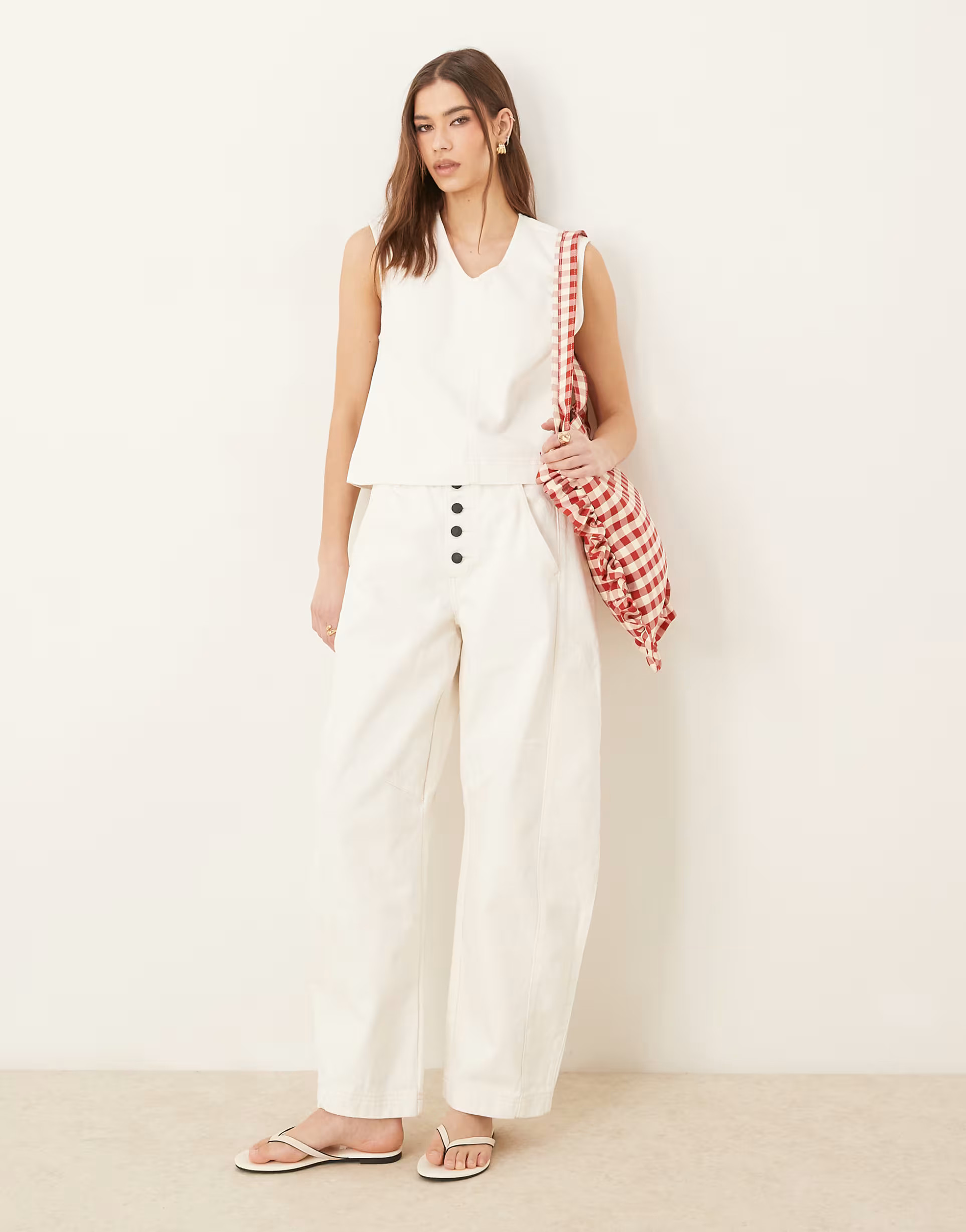 ASOS DESIGN high rise barrel leg jean with piping and button fly in ecru | ASOS (Global)