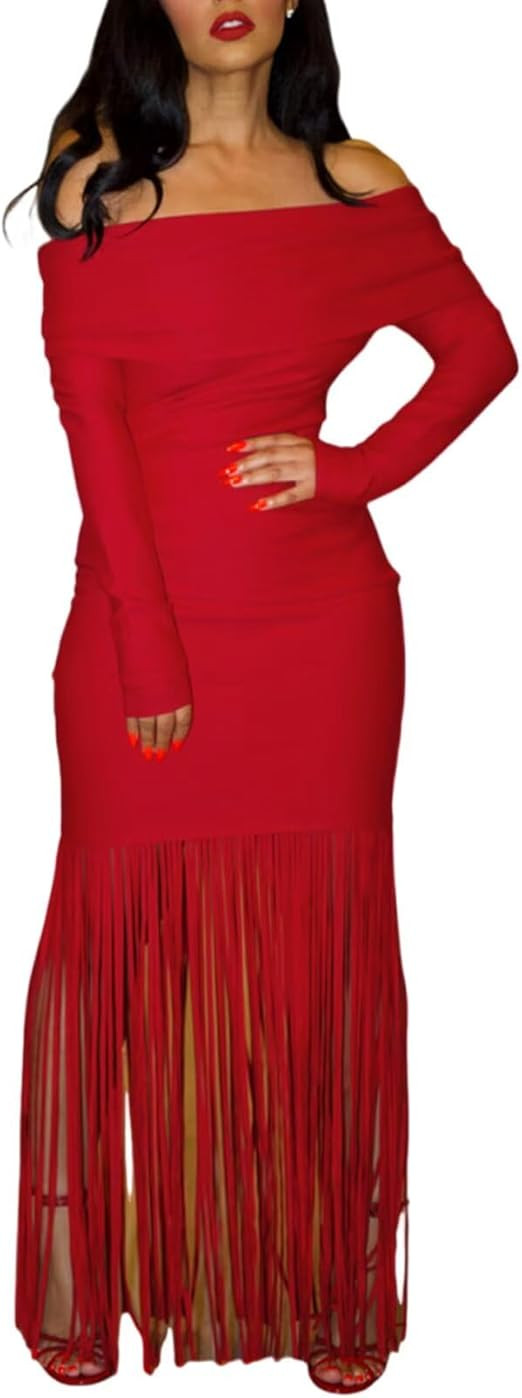 Women's Sexy Off Shoulder Tassel Bodycon Dress Elegant Long Sleeve Cocktail Party Maxi Dresses | Amazon (US)