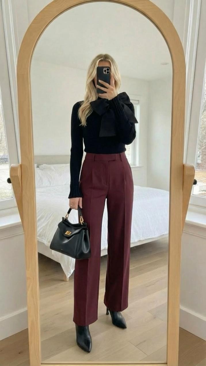 Another great look for the Office. This one is so cute would be perfect for any fall winter occasion. Also heading into spring. I love the bow on this top. It is so fun and absolutely adorable gives it an elevated look like I said this will work for any time of the year, so these pants are great Office pants they come in a ton of colors paired it with a burgundy here to give you that holiday look but also if you wanted a Less shimmery look for New Year’s Eve this would be a great option as well. Paired with a black bag some booties and you’re good to go throw on a trenchcoat as well or you could do a triangle scarf.

#LTKHoliday #LTKOver40 #LTKgrwm