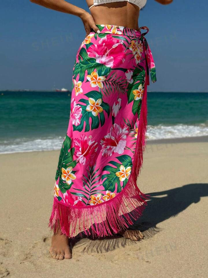 Women's Floral & Botanical Print Fringe Trim Wraparound Tie Cover Up | SHEIN