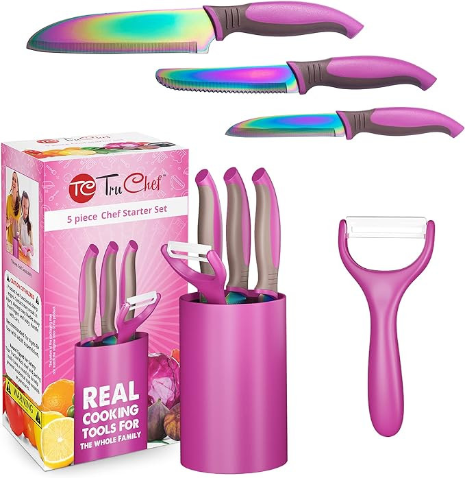 5-Piece Kids Knife Set for Real Cooking | Stainless Steel Chef, Paring & Serrated Knives with Pee... | Amazon (US)