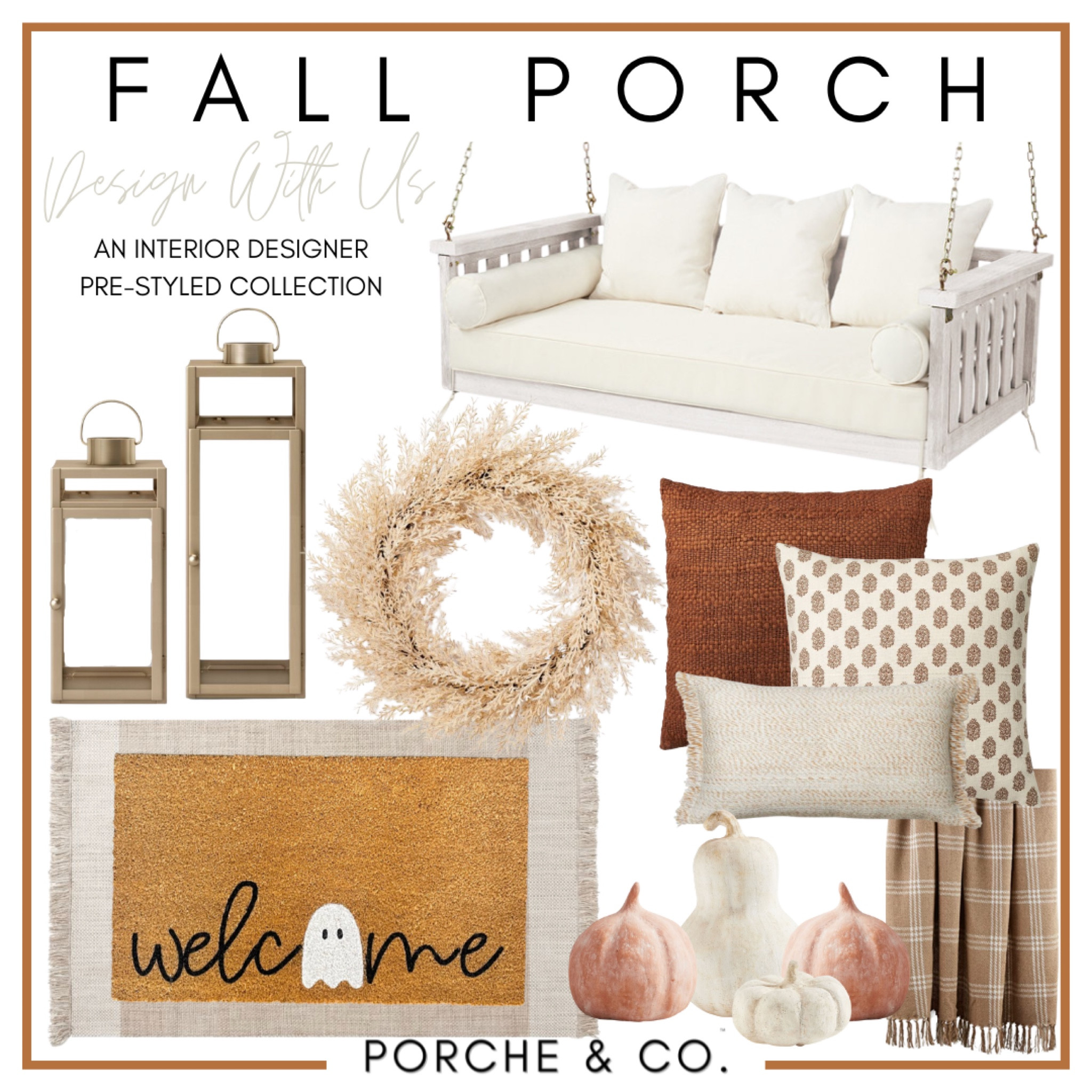 Fall porch decor, fall porch, fall decor, porch design, mood board, porch inspo, fall wreath, fall pillows, throw pillows, porch swing, faux pumpkins, doormat, fall doormat, outdoor lantern #fallporch #moodboard 

#LTKSeasonal #LTKhome #LTKstyletip