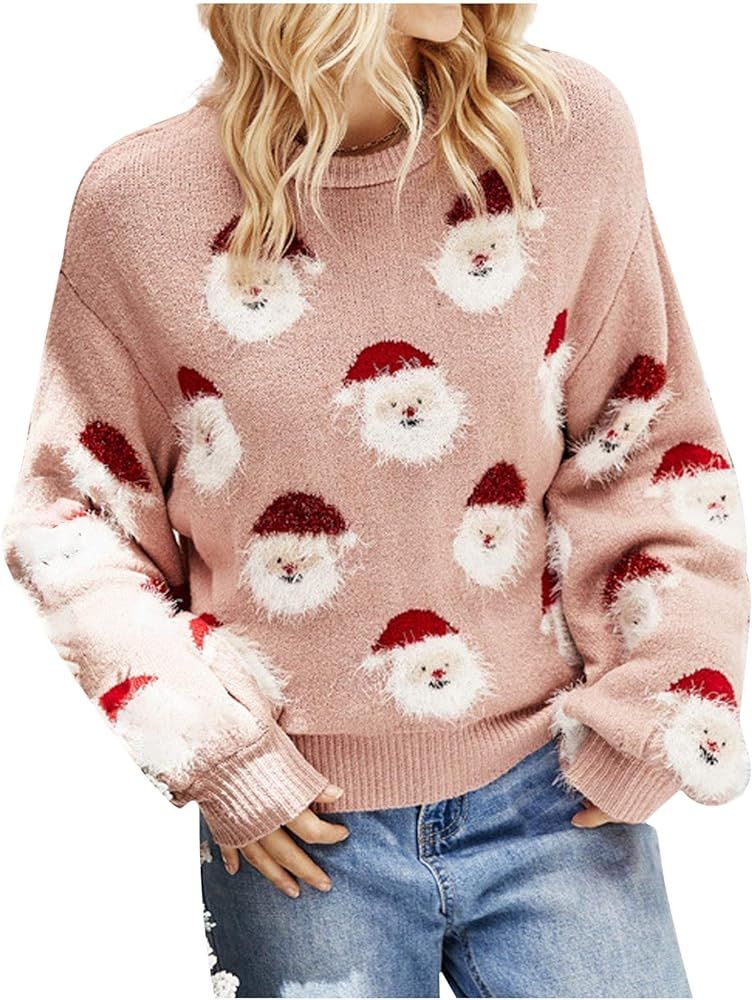 Christmas Cute Fuzzy Santa Claus Graphic Sweater for Women Crewneck Knitt Lantern Sleeve Girl War... | Amazon (US)