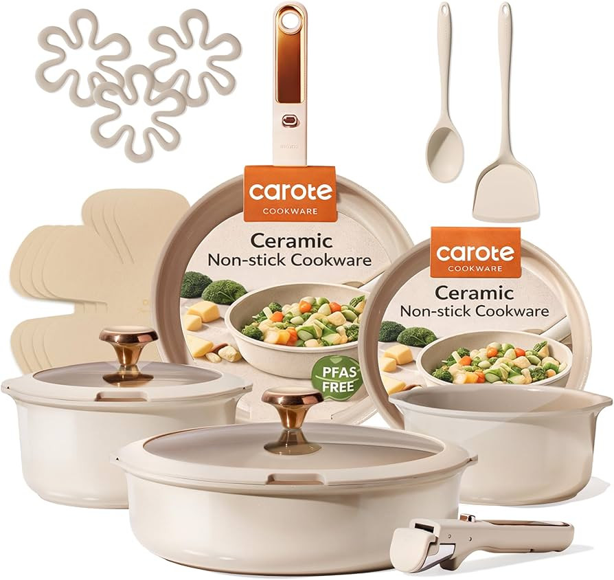 CAROTE 18Pcs Ceramic Cookware Set with Detachable Handle, Pots and Pans Set Non Stick, Non Toxic ... | Amazon (US)