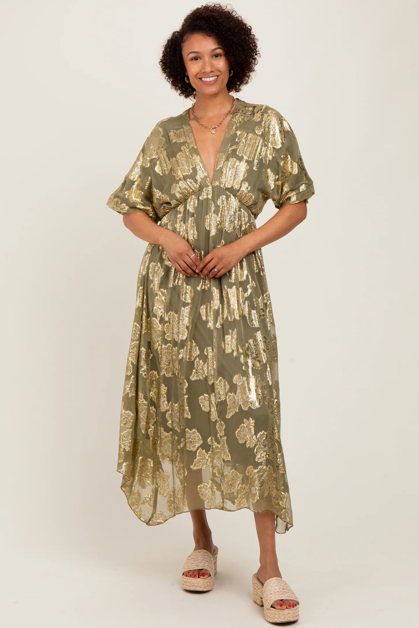 Olive Metallic Floral Jacquard Overlay Maxi Dress | PinkBlush Maternity