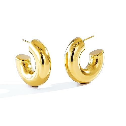 CONRAN KREMIX Chunky Gold Hoops Earrings for Women,Thick 18K Real Gold Circle Open Hoop,Lightweig... | Amazon (US)