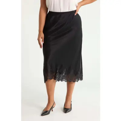 Nordstrom Lace Trim Satin Midi Skirt in Black at Nordstrom, Size 1X | Nordstrom
