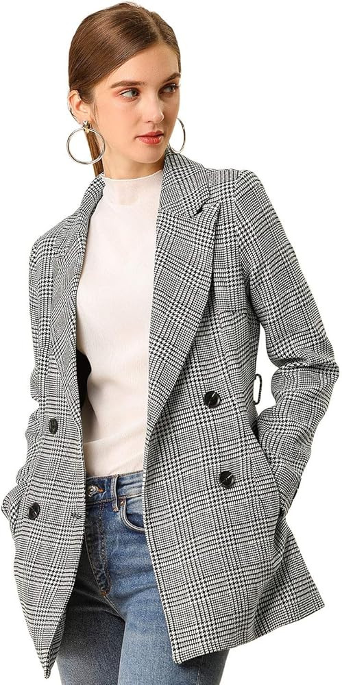 Allegra K Women's Plaid Houndstooth Jacket Button Belted Outwear Checks Work Formal Blazer S Blac... | Amazon (US)