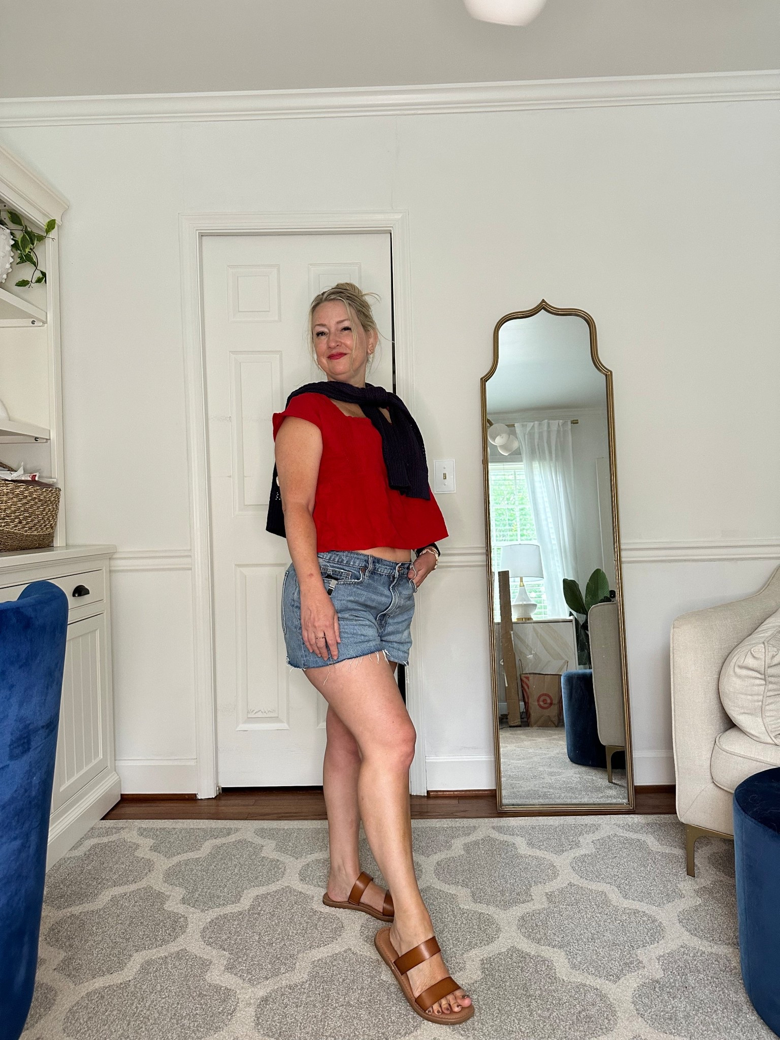 Went to the Nationals baseball game and this is what I wore.
Perfect for 4th of July also
Red top (comes as a set!)
Denim shorts (code trilbysave30)
Viral Target flag sweater/hoodie, was perfect for a cooler misty night!) and the sandals I cannot stop wearing they are so budget friendly and comfortable !
Plus my red lipstick they say is fantastic for every skin shade

#LTKPetite #LTKTravel #LTKShoeCrush