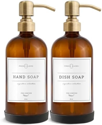 Vine Creations Amber Glass Soap Dispenser, 2 Pack Kitchen Soap Dispenser Set with Stainless Steel... | Amazon (US)