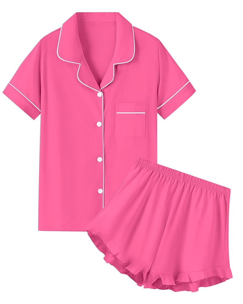 QZH.DUAO Girls Pajama Sets 100% Cotton Sleepwear Button Down Short Sleeve With Ruffle Shorts 2 Pi... | Amazon (US)