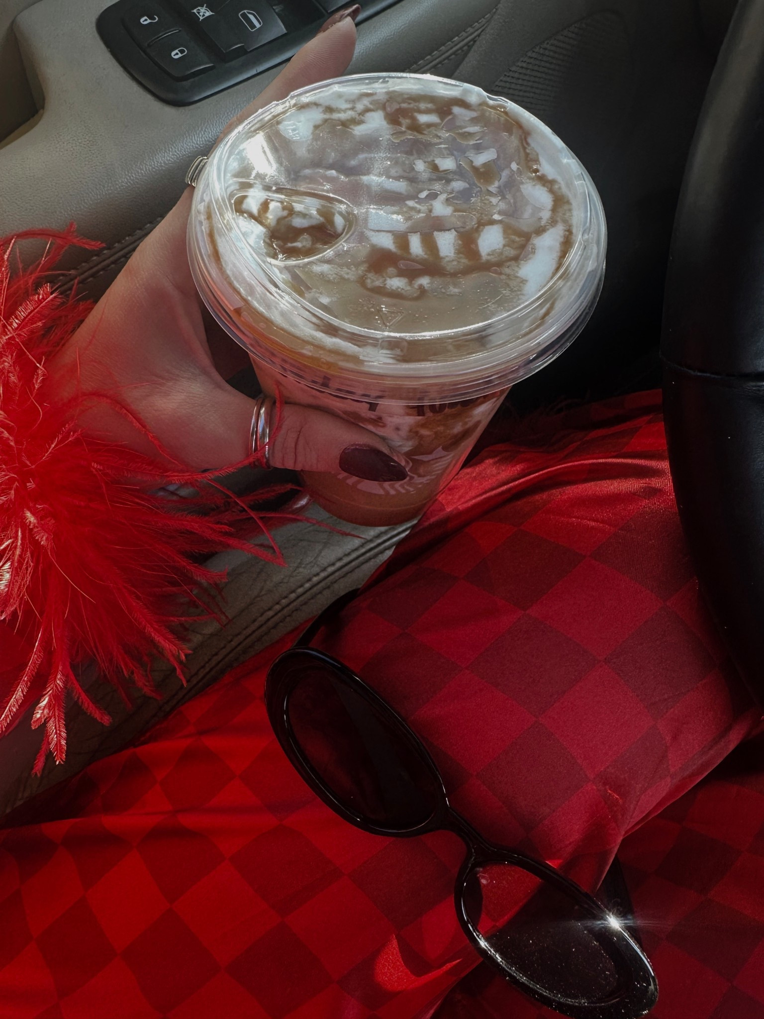 Red silk pjs with feathered sleeves + pants 
 My checker ones are sold out, linked similar 

#LTKootd
