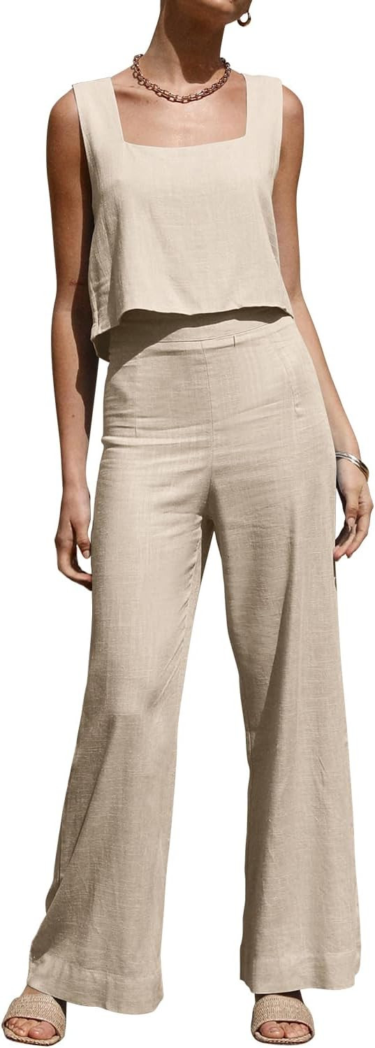 ROYLAMP Women's Summer 2 Piece Outfits Sleeveless Square Neck Tops Wide Leg Pants set Jumpsuit wi... | Amazon (US)